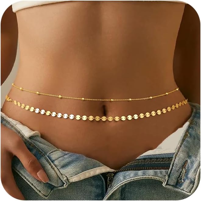 Body Jewelry Gold Plated - Versilberte, vergoldete Bauchkette, verstellbare Körperkette, Bikini-Taillenperlen